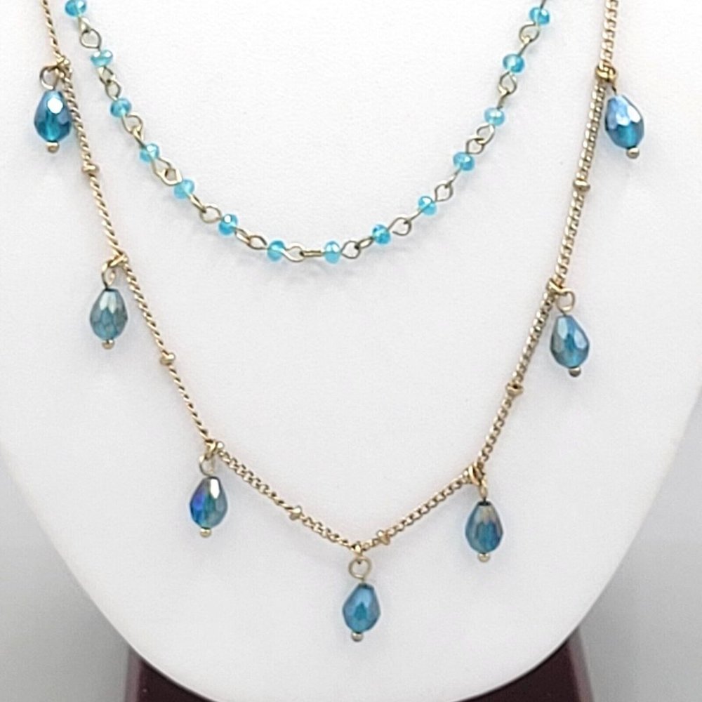 Womens Gold Tone Double Strand Layered Necklace Blue Charm Beads 17 in - Picture 4 of 8